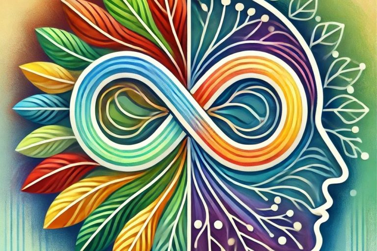 Colourful infinity symbol intertwined with leaves and a silhouette of a head representing neurodiversity coaching