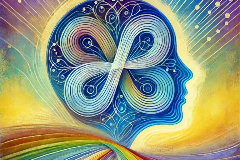A vibrant abstract representation of a human head filled with colourful thoughts and ideas encouraging  neuro-inclusivity and neuro inclusio