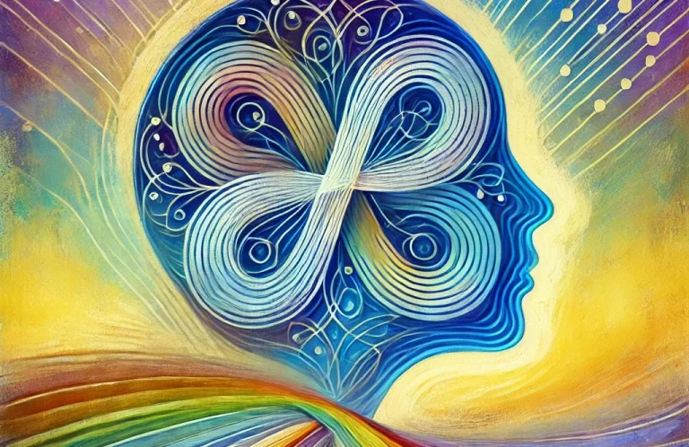 Neurodiversity represented by an abstract illustration of a blue silhouette with an infinity symbol, set against a vibrant background.