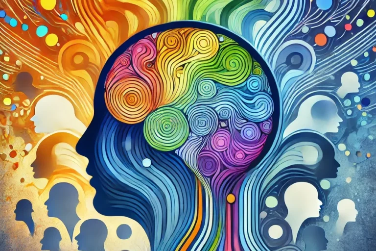 A vibrant abstract representation of a human head filled with colourful thoughts and ideas encouraging  neuro-inclusivity and neuro inclusio