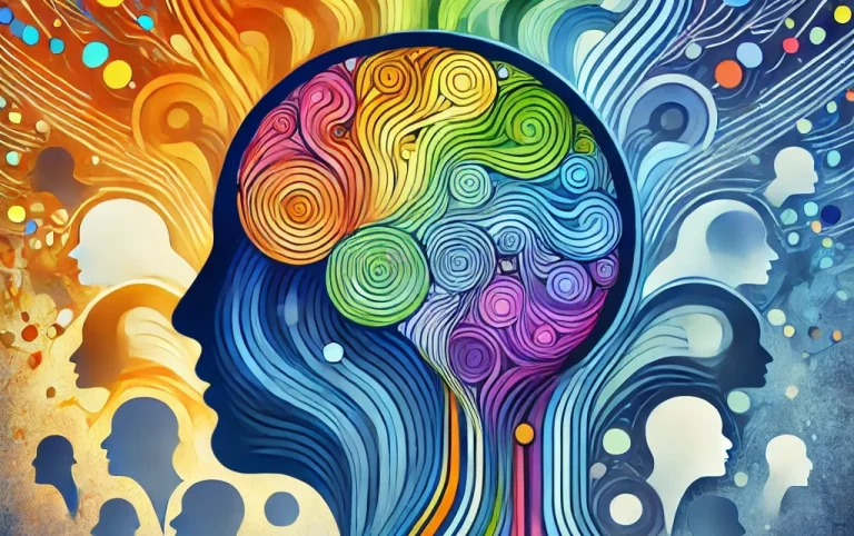 Neurodiversity represented by an abstract illustration of a blue silhouette with an infinity symbol, set against a vibrant background.