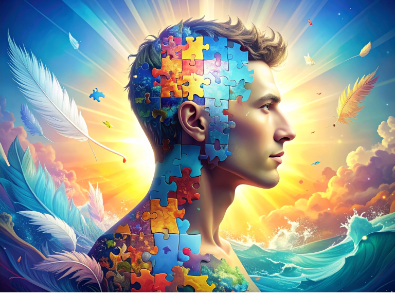 Symbolic silhouette shedding puzzle pieces to reveal vibrant inner colours and sensory freedom